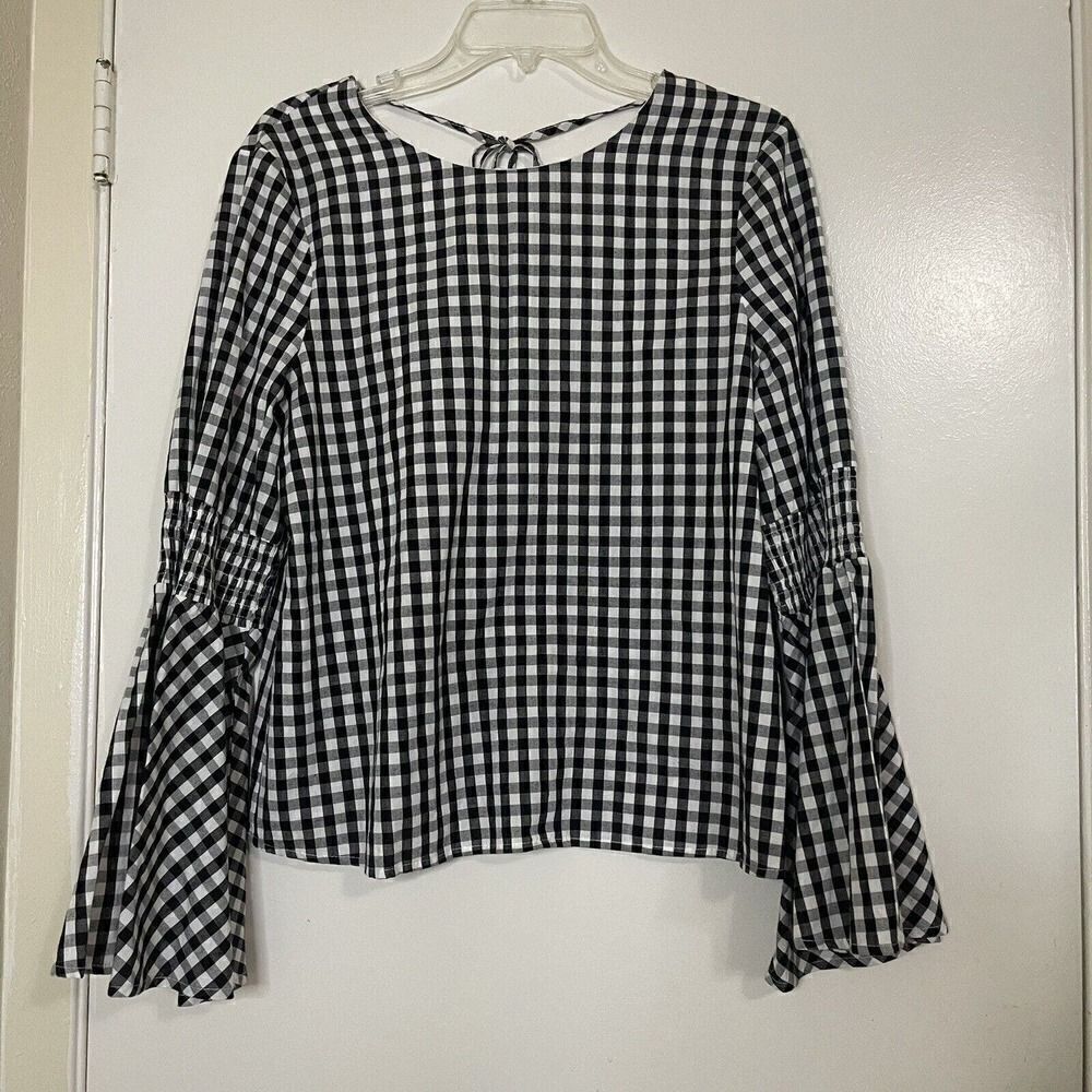 NWOT English Factory white black plaid gingham bell sleeve blouse top Medium